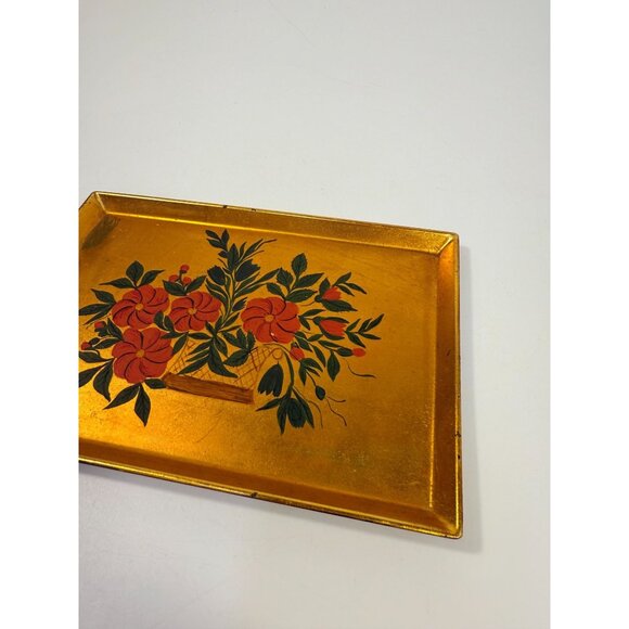 Floral Trinket Tray DIsh Catch All Japanese Laquerware Gold Leaf Hand Painted - Picture 10 of 16